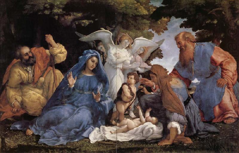 Lorenzo Lotto L'Adoration de l'Enfant Jesus avec la Vierge Marie et joseph,Elisabeth et Joachim et trois anges china oil painting image